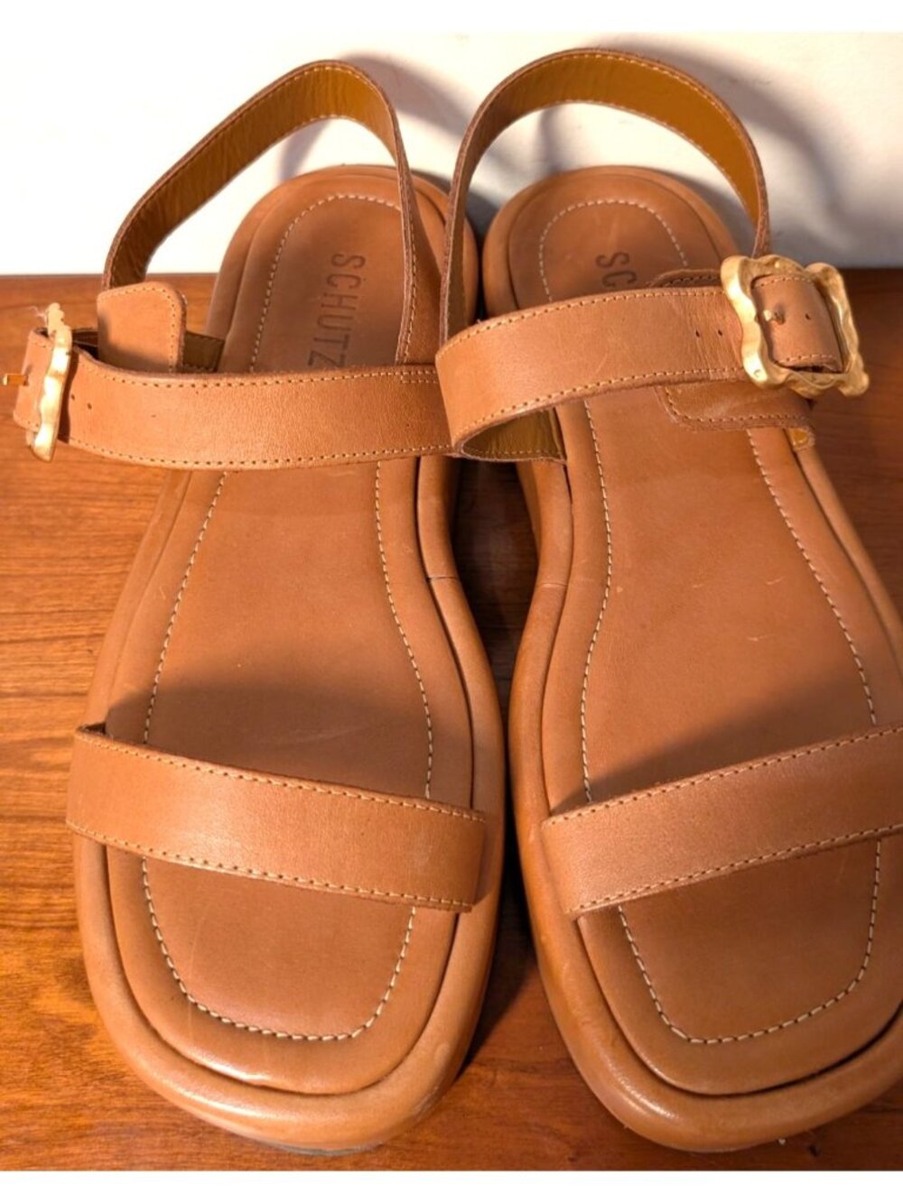 Schutz Wavy Ankle Strap Leather Platform Sandal, Brown, Women Size 7.5